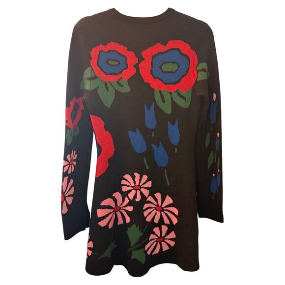 AMUR Nataly Floral Jacquard Merino Wool Sweater Mini Dress Black Multicolor Sm - Picture 5 of 5